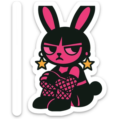gothic bunny with black and pink colors, fishnet gloves, star-shaped earrings, vibrant toon style sticker