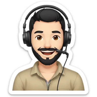 anime style laughing man with black hair, brown eyes, black beard wearing gaming headset sticker
