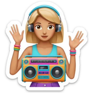 woman holding colorful boombox sticker