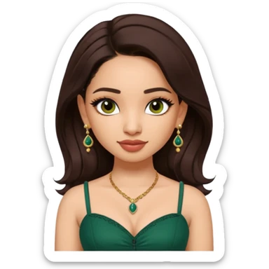 pretty bratz genmoji that looks like tamannah bhatia (bollywood actress), wearing a dark green sweetheart neckline top, dark brown hair, light makeup, no necklace, dangly earrings, side hair part, dark brown eyes, with tattoos sticker