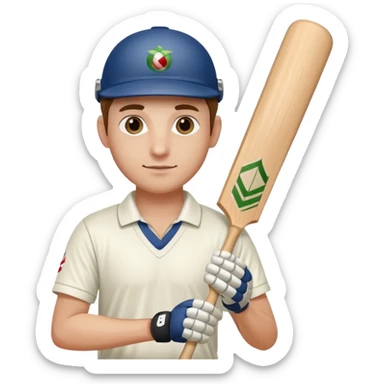 Cricketer in full white kit with bat and ball sticker
