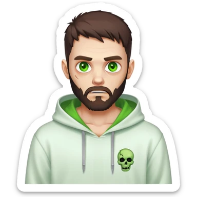 zombie making peace sign, undercut hairstyle with dark brown hair, short full beard, glowing green eyes, wearing plain white hoodie sticker
