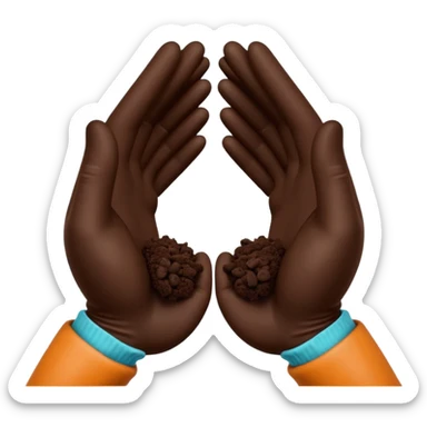 A 3D cartoon pair of gloved hands holding rich dark soil, small bits falling between fingers, bright garden background, soft light, Memoji-style realism. sticker