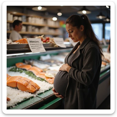 realistic pregnant woman in 4K reading a sign in a fish market that says: 'Attenzione, il consumo di salmone crudo puo comportare rischi in gravidanza' sticker