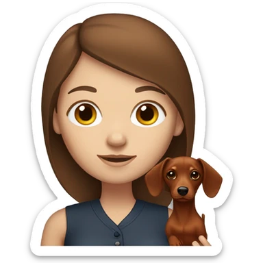White girl with straight brown hair holding a red dachshund  sticker