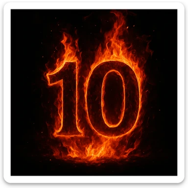 the number ten, stylized, engulfed in flames, dramatic fire effect sticker