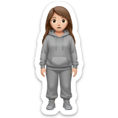 Chica grande  asustada de cuerpo completo mirado a la izquierda con pelo castaño largo y piel blanca  pantalones baggy  grises y hoodie gris  sticker