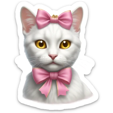 Realistic white cat with yellow eyes wearing pink vintage rococo bow sticker