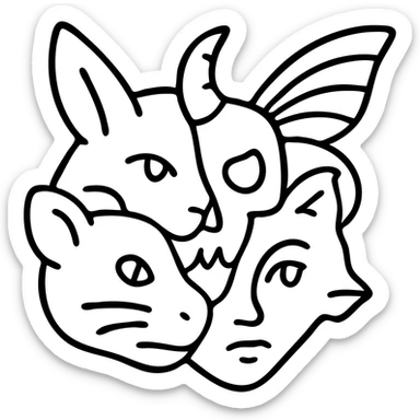 a red fragmented collage with clear dividing lines between pieces: stoat face section, minotaur skull section with broken horn, frog eye/mouth section, elf ear/features section, cat whisker section, and moth wings extending from the back of the head, arranged in an irregular shape with deliberate line splits, worn and scratched appearance sticker