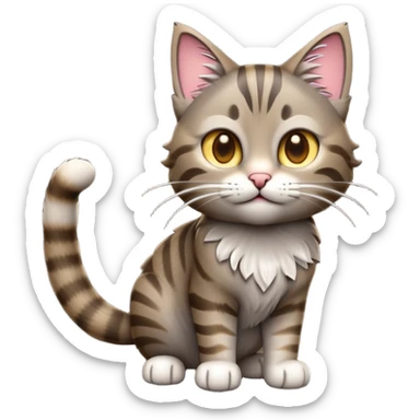 cinematic-[grey brown tabby cat]-realistic-emoji,-tail-curled-playfully-around-its-paws,-head-tilted-dramatically,-scruffy-[grey]-fur,-simplified-yet-realistic-focused-features,-highly-detailed,-glowing-with-an-almost-sarcastic-glow sticker