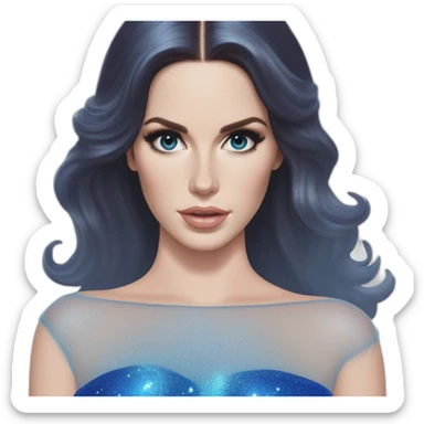 Lana Del Rey casting a spell com um vestido transparente azul cintilante tomara que caia rasgado e transparente tecido fino apertado colado. Há detalhes no bojo que destacam com brilhos. sticker