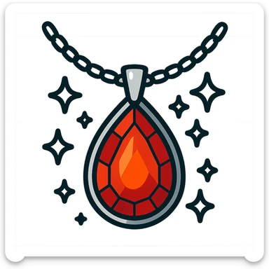 A fiery red teardrop ruby pendant suspended in a delicate silver chain, surrounded by glistening white stones sticker