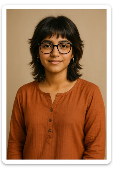 a 19-year-old girl with tan skin, shoulder-length wolfcut hair dark brown with hazel highlights, black bowline glasses, silver hoop earrings, wearing a kurti, relaxed modern style sticker