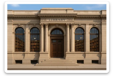 a library, exterior view, classic architecture, books visible through windows sticker