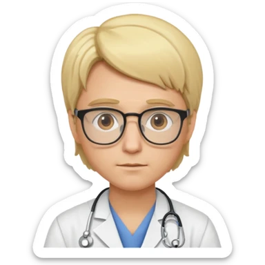 This is a cartoon-style avatar of a doctor with blond hair, glasses, and a neutral expression sticker