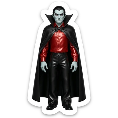 Count Dracula from Universal Monsters with black hair with white streaks, red metallic shirt, black metallic baggy pants, black metallic long cape sticker