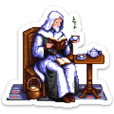 Chaucer reading and sipping tea, simple background, pixel art style sticker