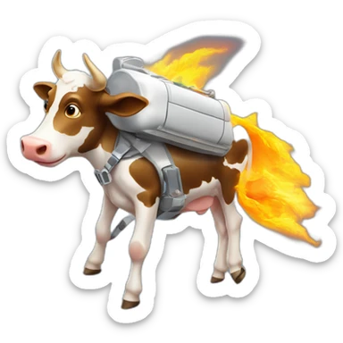 side-on view of cow flying to space while wearing a jetpack that is emitting flames, legs dangling behind sticker