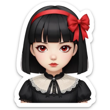 Cute East Asian girl, pale skin, straight bangs, black inward bob. Wearing gothic dress with lace collar, red eyeshadow, black ribbon headband, serious expression sticker