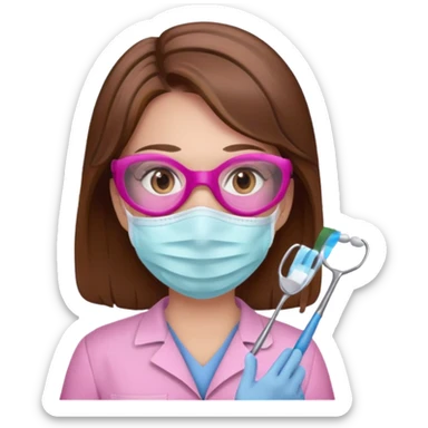 Dentista mujer con mascarilla rosada, cabellos marron, piel blanca, camisa rosada, ojos marrones sticker