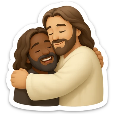 Create an emoji style image of Jesus hugging a person with a gentle smile, soft colors, transparent background. The style should resemble apple style emojis but with editing support, focusing on gentle and soft emotion. sticker