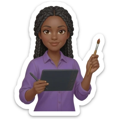 Emoji représentant une femme à la peau marron avec de longues braids noires et portant une belle chemise violette, tenant une tablette graphique dans une main et un pinceau dans l’autre sticker