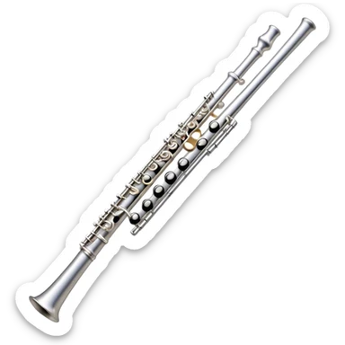 Create an elegant and refined emoji representing a classical silver flute. The design should showcase the sleek, polished silver body of the flute with its keywork and tone holes clearly visible. Highlight the smooth, straight shape of the instrument with subtle light reflections on its metal surface. The keys should be delicately detailed, with their small, round pads visible. Add a slight shine to the flute’s surface to reflect its high-quality craftsmanship. Optionally, include subtle musical notes floating around the flute to evoke its light, melodic sound. The background should be transparent. sticker