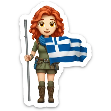 female winter mountaineer red hair holding greek flag sticker