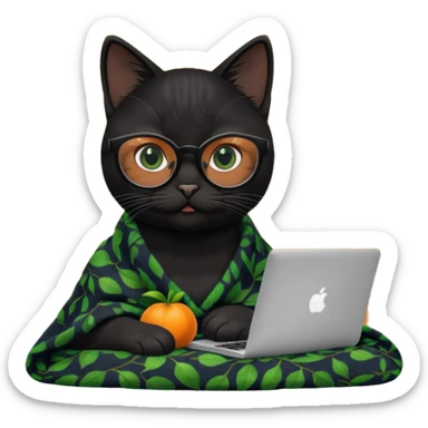 A black female cat working on a MacBook, with long, black straight lashes, round glasses and she wears a blanket with an orange fruit pattern sticker