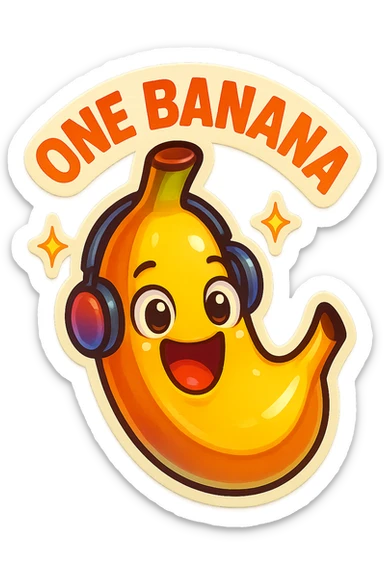 Funny cartoon banana, big happy smiling face, wearing tiny headphones, wide excited eyes, tiny sparkles around, text above: "NE BANANA", chibi style, Twitch emoji style, colorful, transparent background sticker