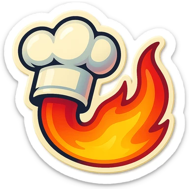 chef's hat pumping with a trail of fire emoji, playful, flame red gradient, hat is white, vibrant, flame matching style reference file sticker