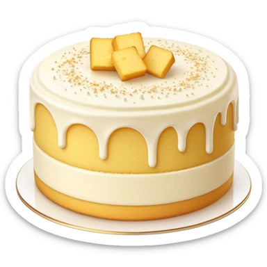 Cinematic Realistic Simple Vanilla Cake, a perfectly baked golden sponge with soft, airy layers, delicate vanilla frosting smoothly spread across the top, tiny flecks of vanilla bean visible, warm golden lighting creating depth, glowing with a sweet, irresistible charm. sticker