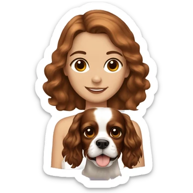white girl , brown medium hair, with happy king charles spaniel  sticker