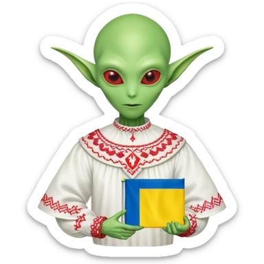 Green alien in Shirt 👚 vyshyvanka, white with red embodiary on sleeved, with 🇺🇦 Ukraine flag in a hand sticker