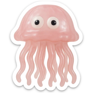 Make the jellyfish even more transparent and slightly see-through, keeping the natural pink color, in a retro 90's toy style with derpy eyes, soft plastic texture, soft reflections, soft and squishy appearance, some cloudiness, not shiny, highly detailed and appealing. Remove any tags and background. sticker