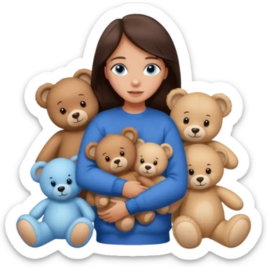 a girl with long dark 
brown hair, with blue eyes, in a
white sweater, hugs 3 different natural coloured sticker