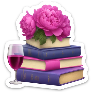 A violet  stack of books with deep pink peonies and a glass of pink wine sticker