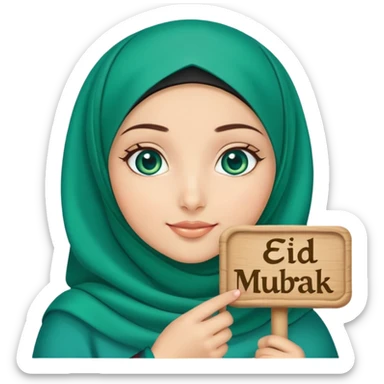 Turkish beautiful finish Konya girl blue eyes with green emerald hijab islamic dress and had on her hand text Eid Mubarak with sweets and celebrating with her friends eid days   sticker