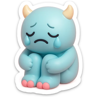 sad monster sitting with its knees up, crying, small horns, pastel color palette, no background, vinyl figure style sticker