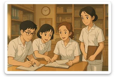 Scène d'équipe de quatre étudiants infirmiers, ambiance de collaboration dans un poste de soin, style Ghibli. Uniformes blancs à manches courtes, tuniques médicales col en V, poche poitrine à gauche, sans pied de col ni stéthoscopes, rien ne dépasse des manches. Les personnages reprennent les traits des quatre photos. sticker