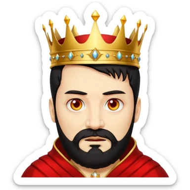 

a yellow king, red eyes, 60 years old, black hair, black beard, wearing a crown, red robe, fierce face emoji
 sticker