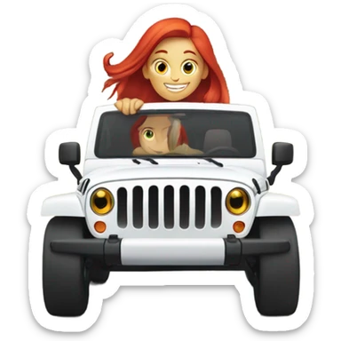 White Jeep with a red headed girl driving sticker