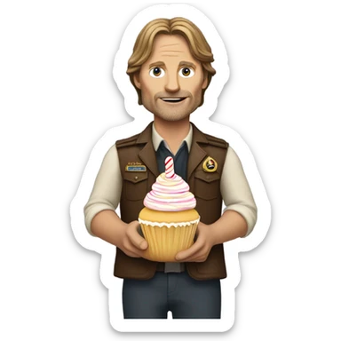 Viggo Mortenson as Captain Fantastic carrying a birthday cupcake sticker