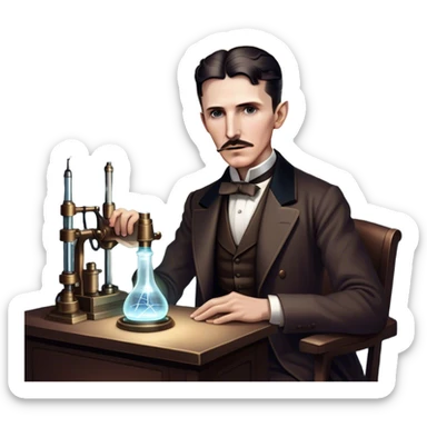 Nikola Tesla – Cinematic Realistic Portrait of Nikola Tesla, depicted as a visionary inventor with intense, thoughtful eyes and period attire, surrounded by subtle arcs of electric light and early laboratory apparatus, rendered with dramatic lighting that evokes mystery and innovation. sticker
