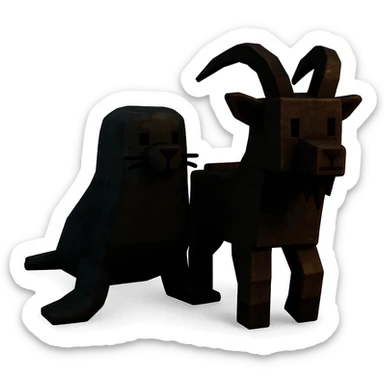 A seal and a goat exploring together in the dim and threatening environment of the Roblox game 'Forsaken', designed in the game style with blocky and stylized characters sticker