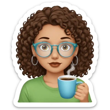 White girl with dark brown curly hair, brown eyes, sky blue glasses, nose piercing septum, green t shirt, drinking coffee from a cup sticker