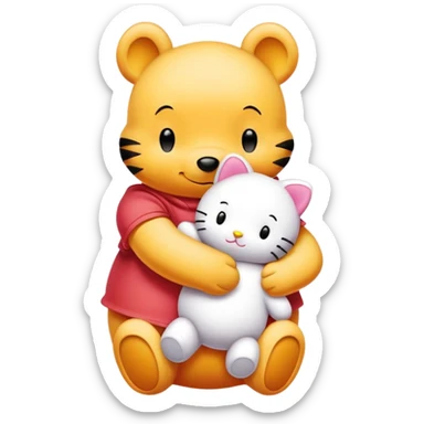 winnie the pooh and hello kitty hugging  sticker