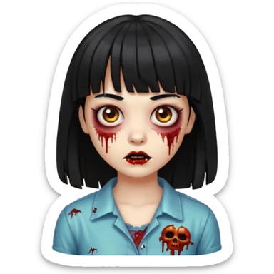 garota zumbi com franja, cabelo preto, rosto simpático, visual divertido, estilo emoji de iPhone sticker