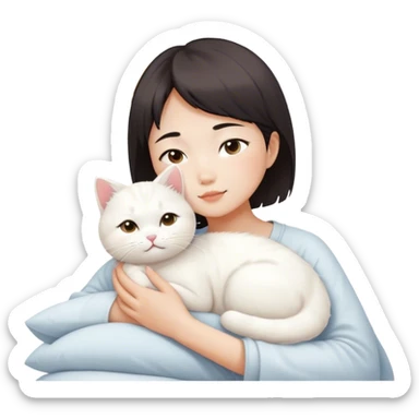 Short hair Asian girl wake up with white cat , sunshine  sticker