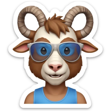 3D cartoon goat man portrait, head and shoulders, brown fur, small horns, blue reflective sunglasses, slight smile, tank top, soft lighting, centered, clean background, no text, no watermark
 sticker